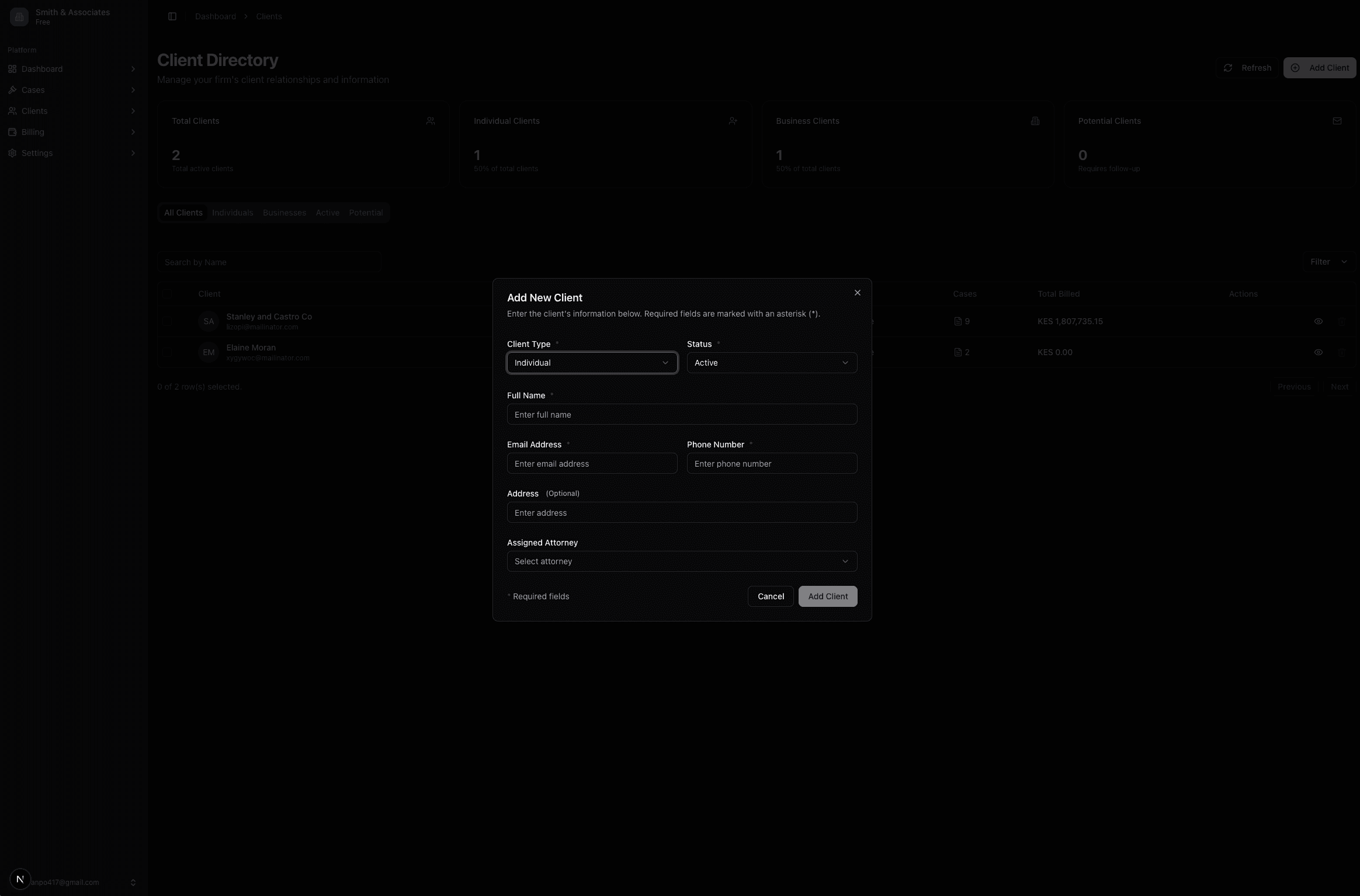 Screenshot showing the new client form in Kesi.