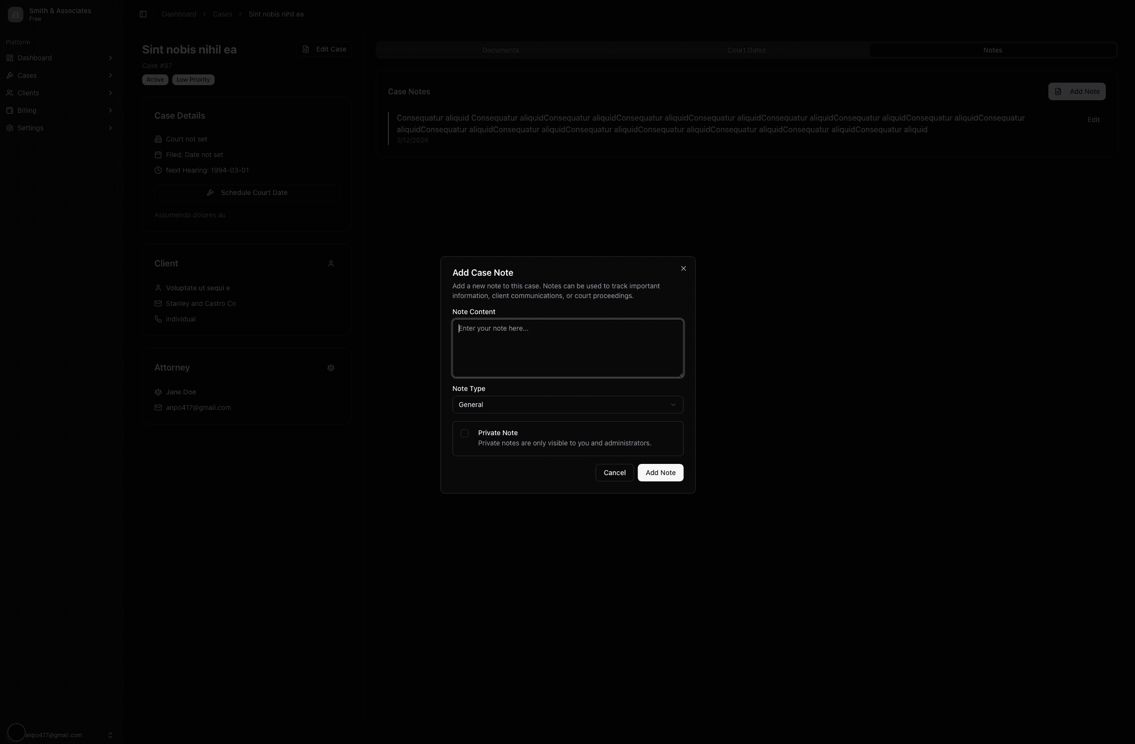 Screenshot of the notes section within a case in Kesi.